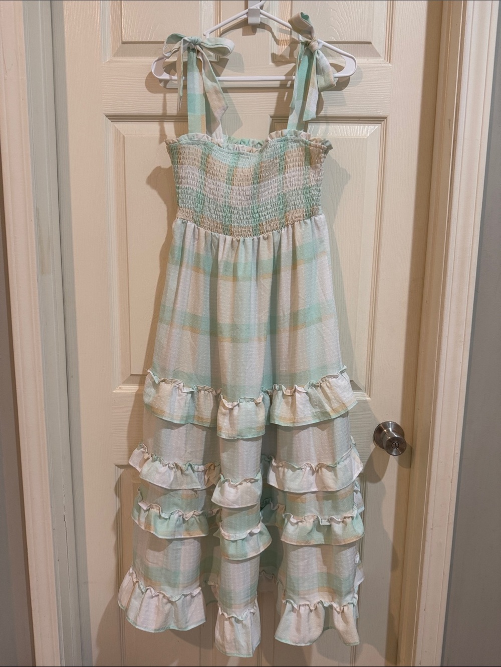 Blu Pepper Mint & White Plaid Ruffle Maxi Dress